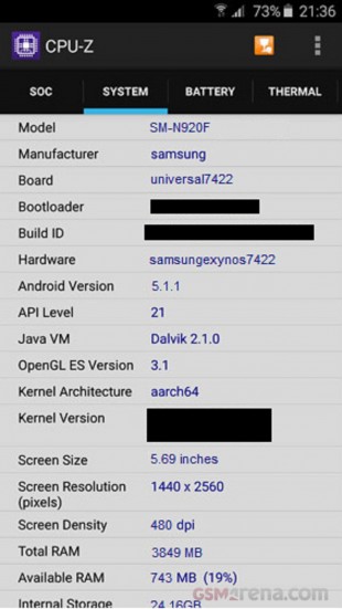 Captura de pantalla de CPU-Z corriendo en un Galaxy Note 5