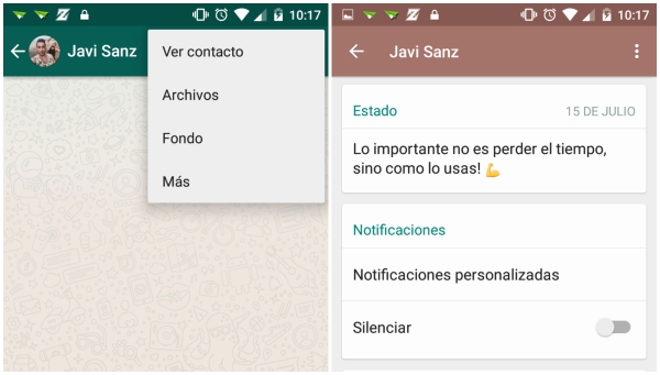 Nuevas opciones dentro de "Ver contacto": Notificaciones personalizadas y Silenciar