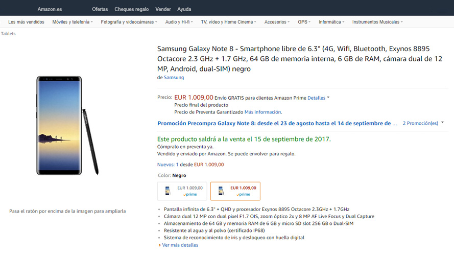precio del samsung galaxy note 8