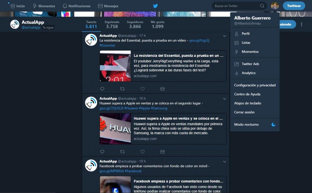 activar el modo nocturno de twitter web