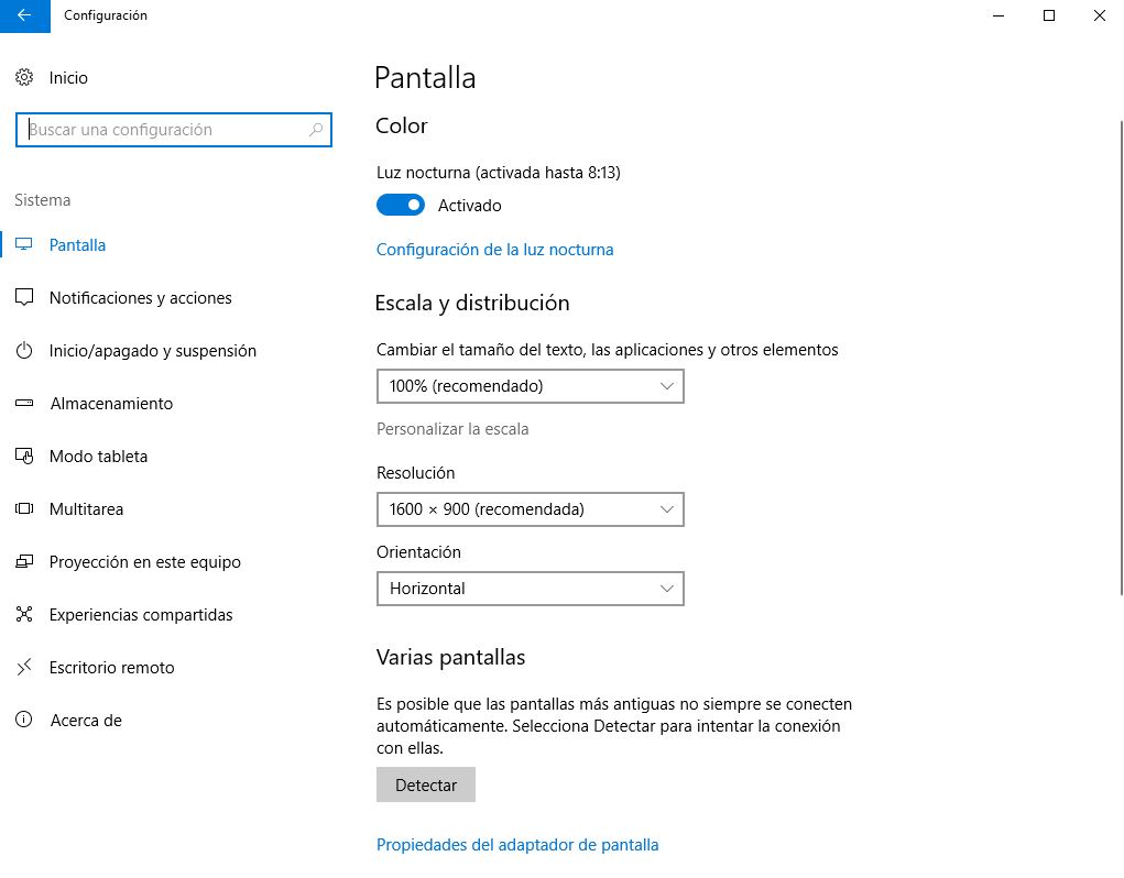 modo luz nocturna en windows 10