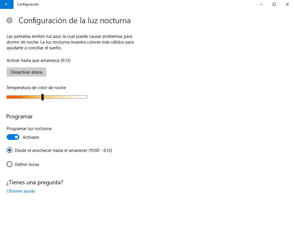 modo luz nocturna en windows 10