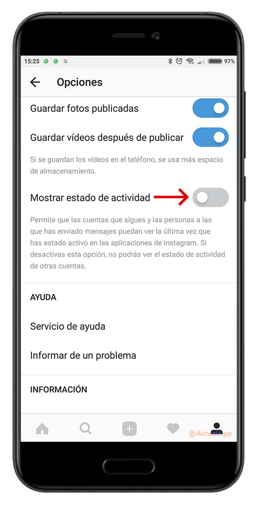 última hora de conexión en Instagram
