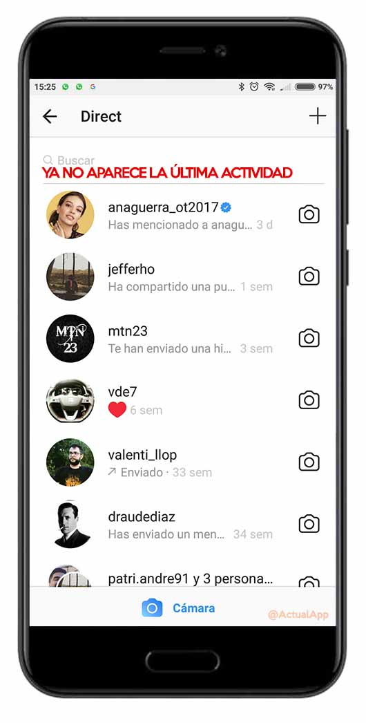 última hora de conexión en Instagram