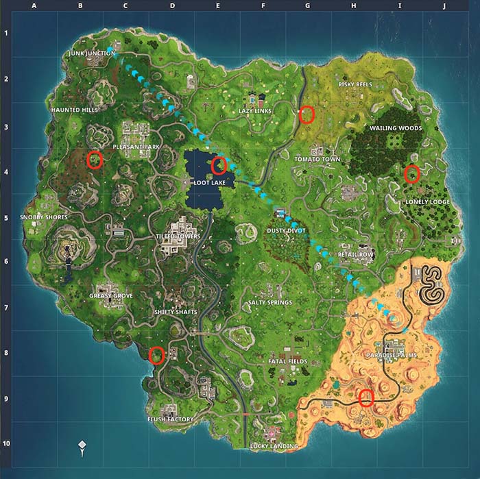 mapa con las maquinas de tiro al plato de fortnite