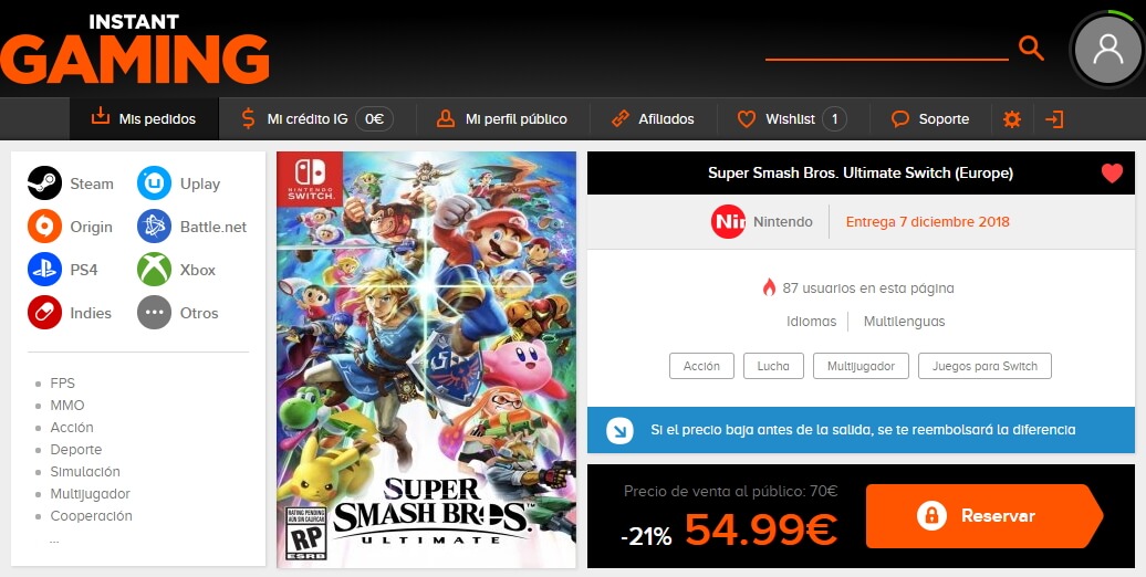 comprar Super Smash Bros Ultimate más barato