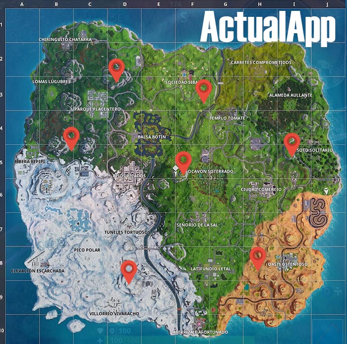 mapa con los puestos de avanzada de fortnite