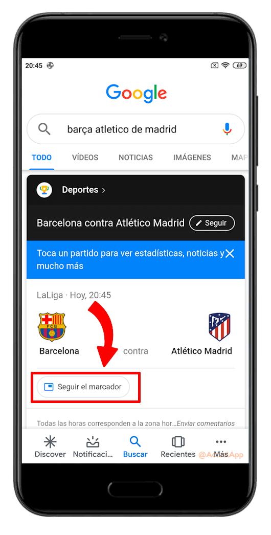 fijar un marcador de un partido de fútbol en directo en Android