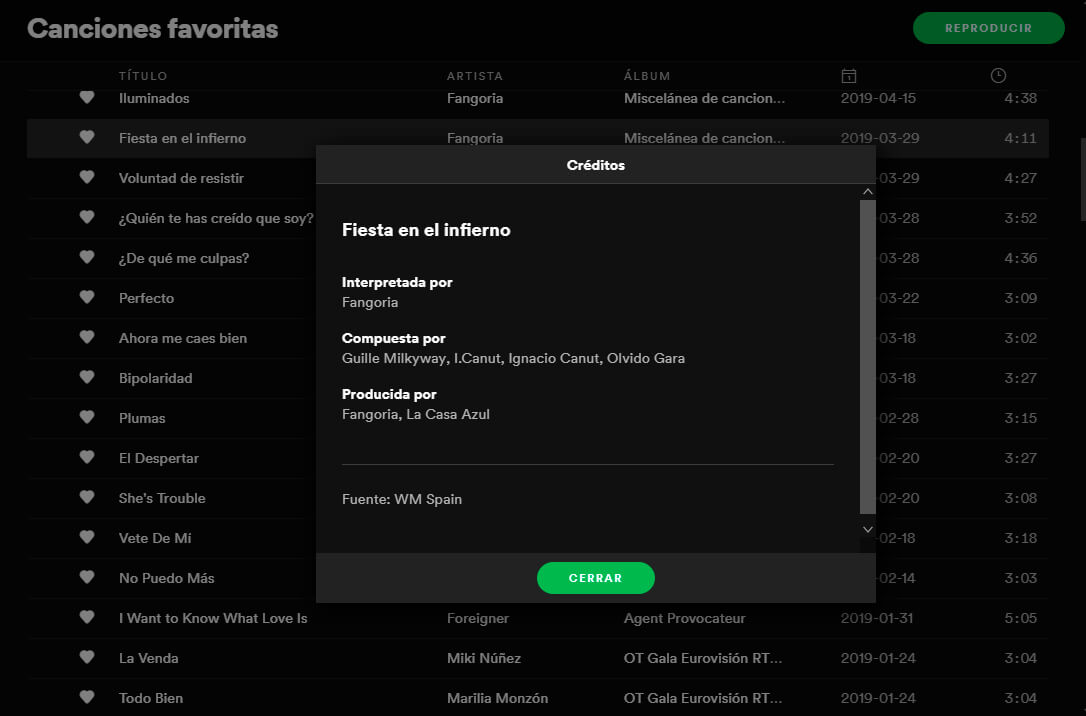 créditos de las canciones en Spotify
