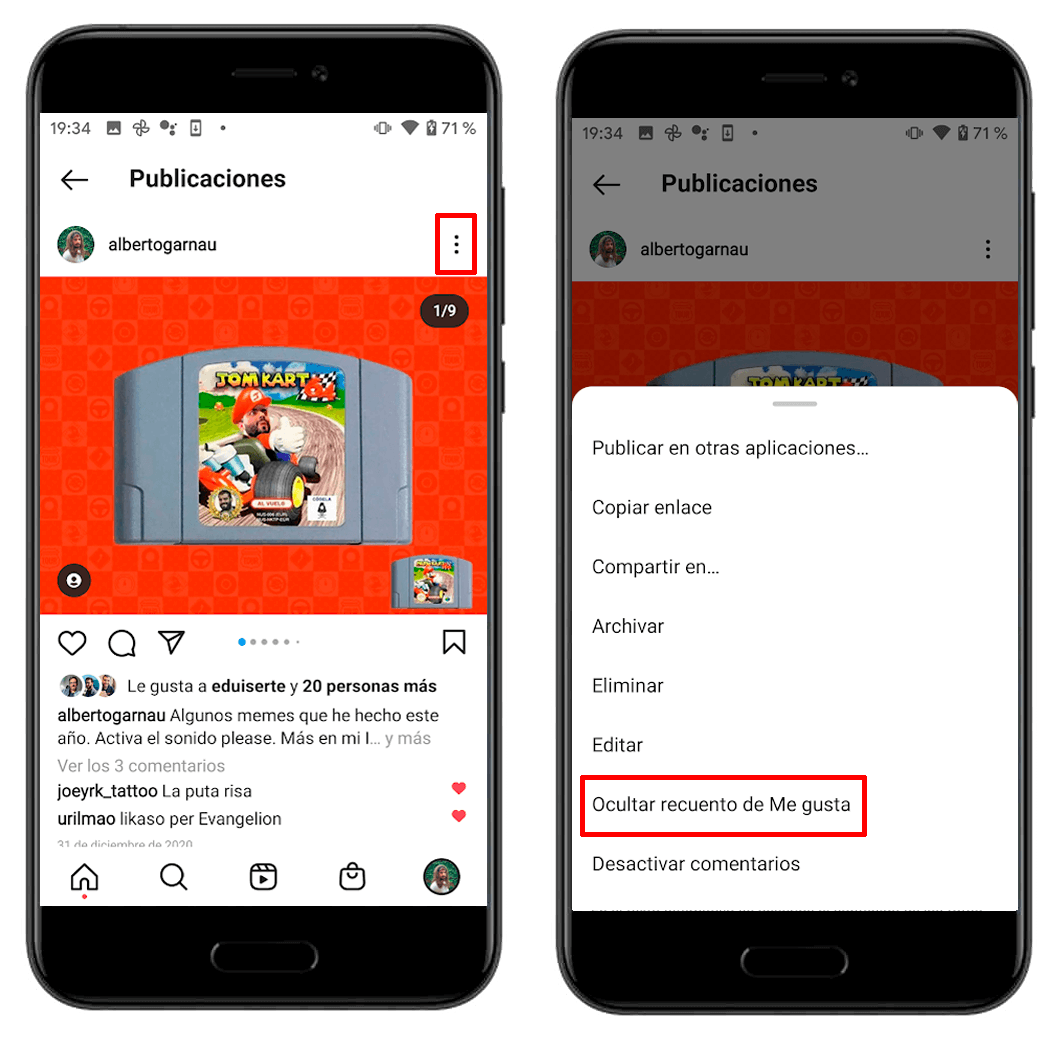 instagram ocultar me gusta de post ya publicado
