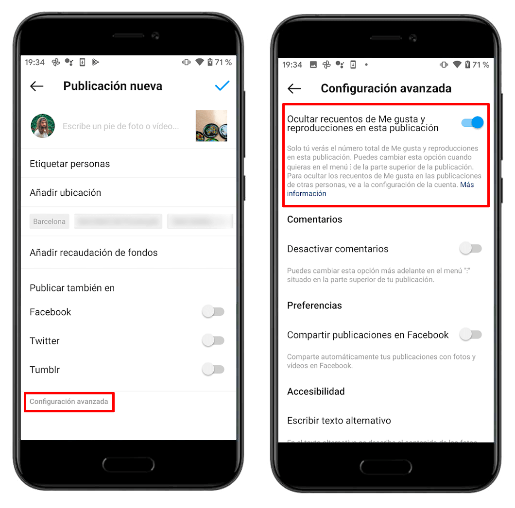 instagram configuración avanzada ocultar me gusta de mis posts
