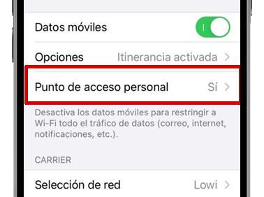 ajustes iphone punto de acceso personal activado