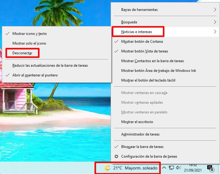 ocultar noticias e intereses windows 10 barra tareas