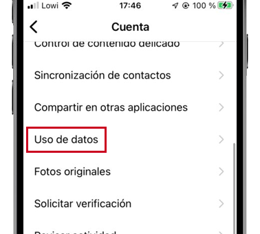 instagram uso datos app configuracion